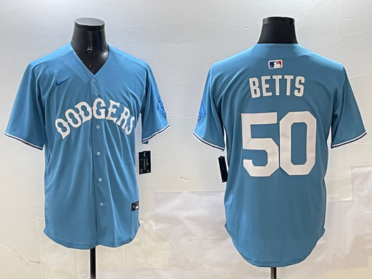 Men's Los Angeles Dodgers Mookie Betts #50 Light Blue Limited Player Jersey1