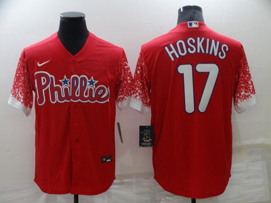 Men's Philadelphia Phillies Rhys Hoskins #17 Red Replica Player Jersey1