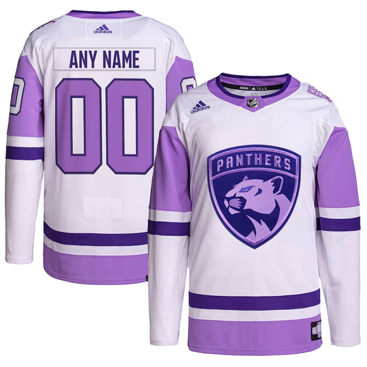 Men's Florida Panthers White/Purple Hockey Fights Cancer Primegreen Authentic Custom Jersey1