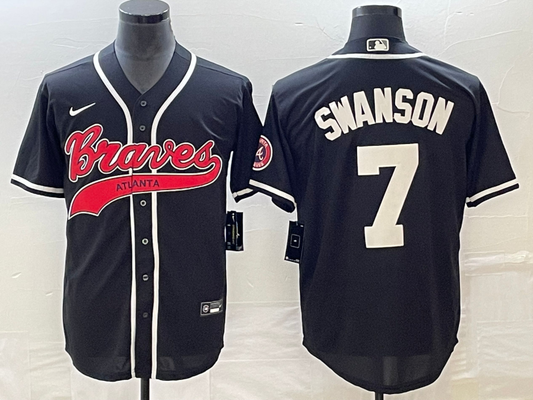 Men's Atlanta Braves Dansby Swanson #7 Black Replica Player Jersey1 Joint Edition