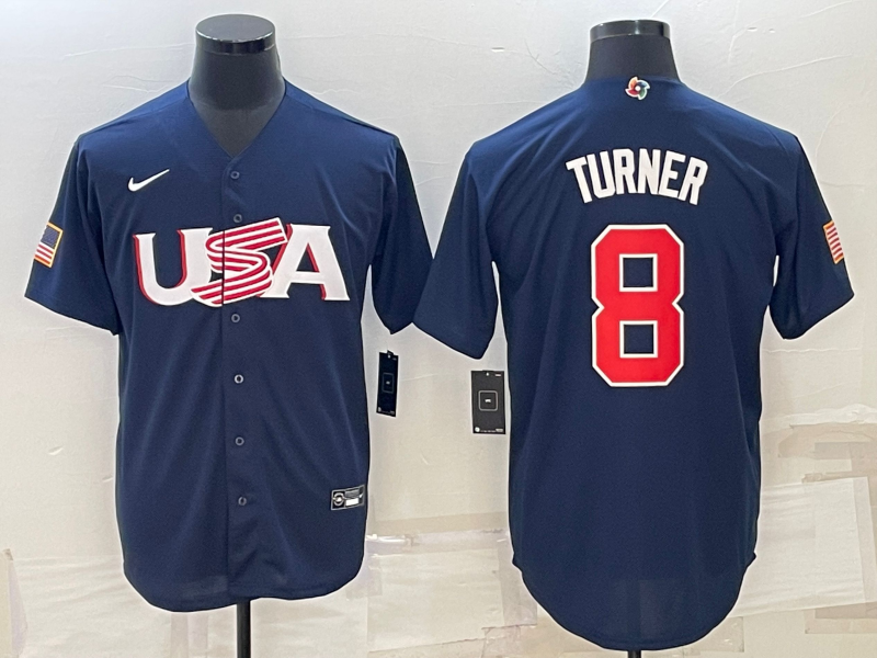 Men's 2023 World Baseball Classic #8 Trea Turner USA Navy Jersey1