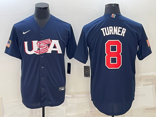 Men's 2023 World Baseball Classic #8 Trea Turner USA Navy Jersey1