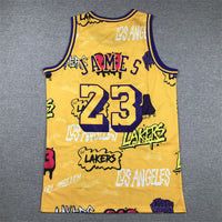 Men's Los Angeles Lakers LeBron James #23 Yellow Swingman Graffiti Edition Jersey1