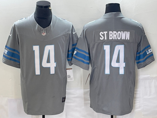 Men's Detroit Lions Amon-Ra St. Brown #14 Gray Game Jersey1