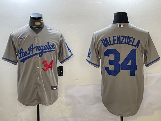 Men's Los Angeles Dodgers Fernando Valenzuela #34 Gray Replica Player Jersey1