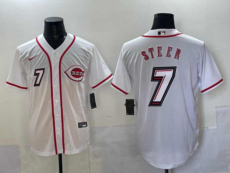 Men's Cincinnati Reds Spencer Steer #7 White 2025 MLB Speedway Classic Home Replica Jersey