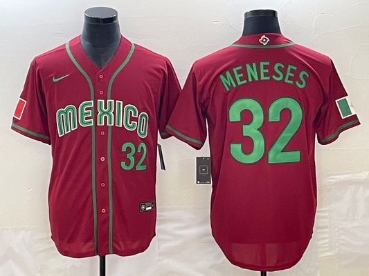 Men's 2023 World Baseball Classic #32 Joey Meneses Mexico Red Jersey1