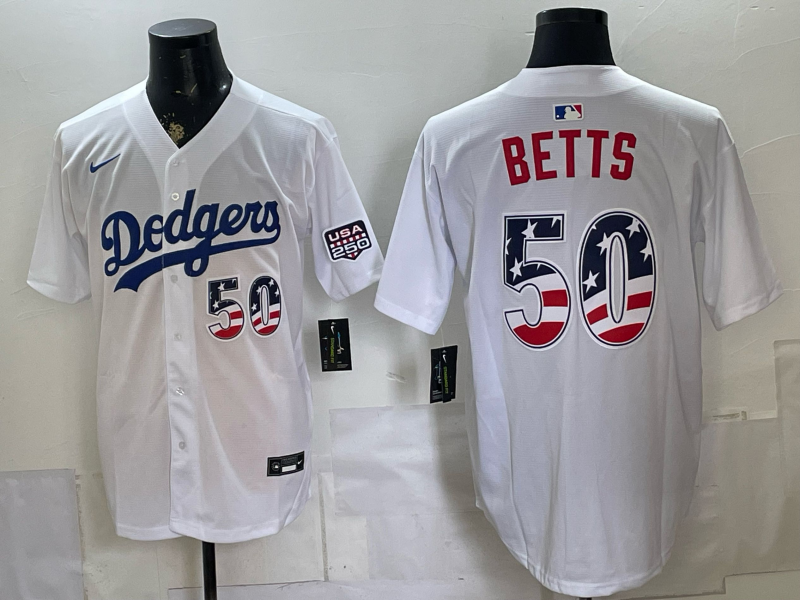 Men's Los Angeles Dodgers Mookie Betts #50 White USA 250 Fourth of July Home Stadium Jersey