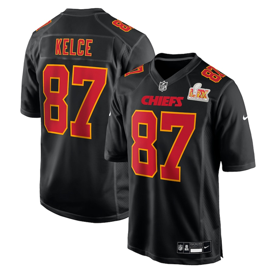 Men's Kansas City Chiefs Travis Kelce #87 Carbon Black Super Bowl LIX Fashion Game Jersey1