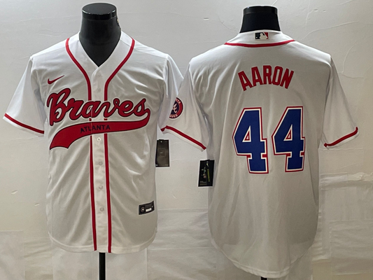Men's Atlanta Braves Hank Aaron #44 White Replica Player Jersey1 Joint Edition