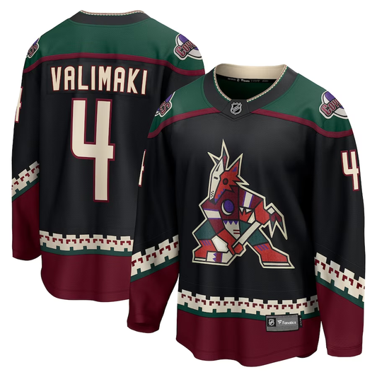 Men's Arizona Coyotes Juuso Valimaki #4 Black Home Breakaway Jersey1