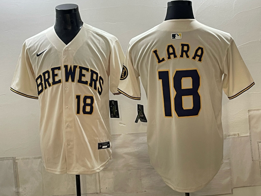 Men's Milwaukee Brewers Freddy Lara #18 Cream Replica Player Jersey
