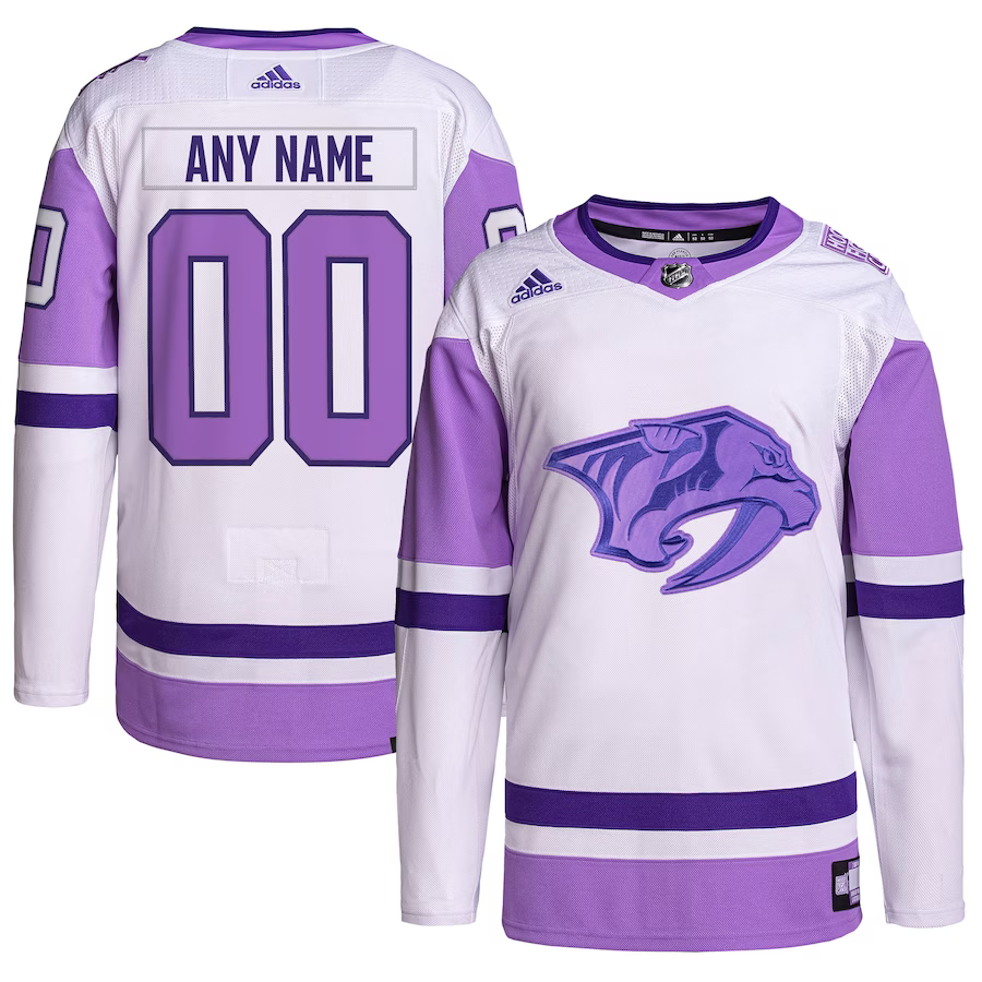 Men's Nashville Predators White/Purple Hockey Fights Cancer Primegreen Authentic Custom Jersey1