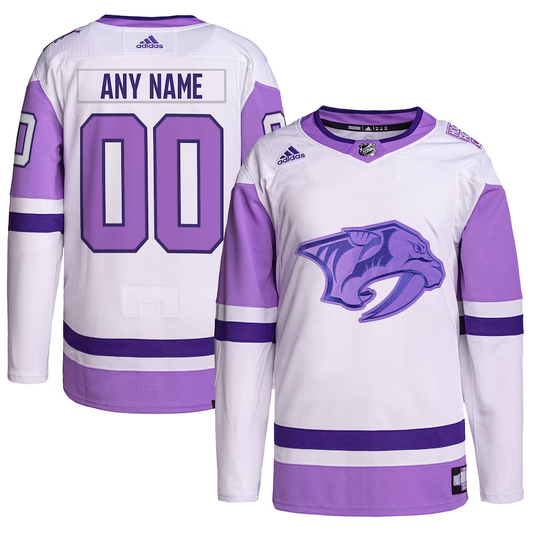 Men's Nashville Predators White/Purple Hockey Fights Cancer Primegreen Authentic Custom Jersey1