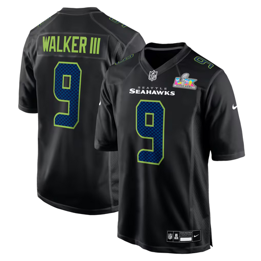 Men's Seattle Seahawks Kenneth Walker III #9 Black Super Bowl LX Patch Carbon Fashion Game Jersey