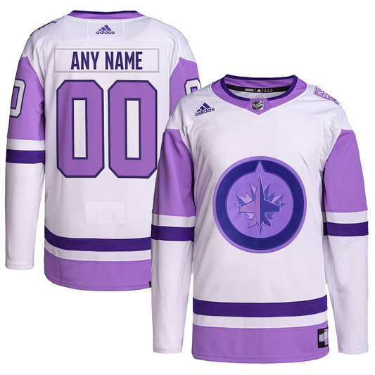 Men's Winnipeg Jets White/Purple Hockey Fights Cancer Primegreen Authentic Custom Jersey1