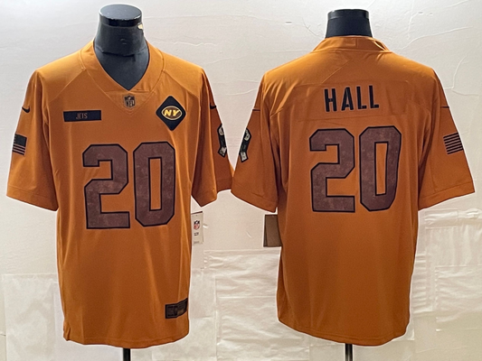 Men's New York Jets Breece Hall #20 Brown 2023 Salute To Service Limited Jersey1
