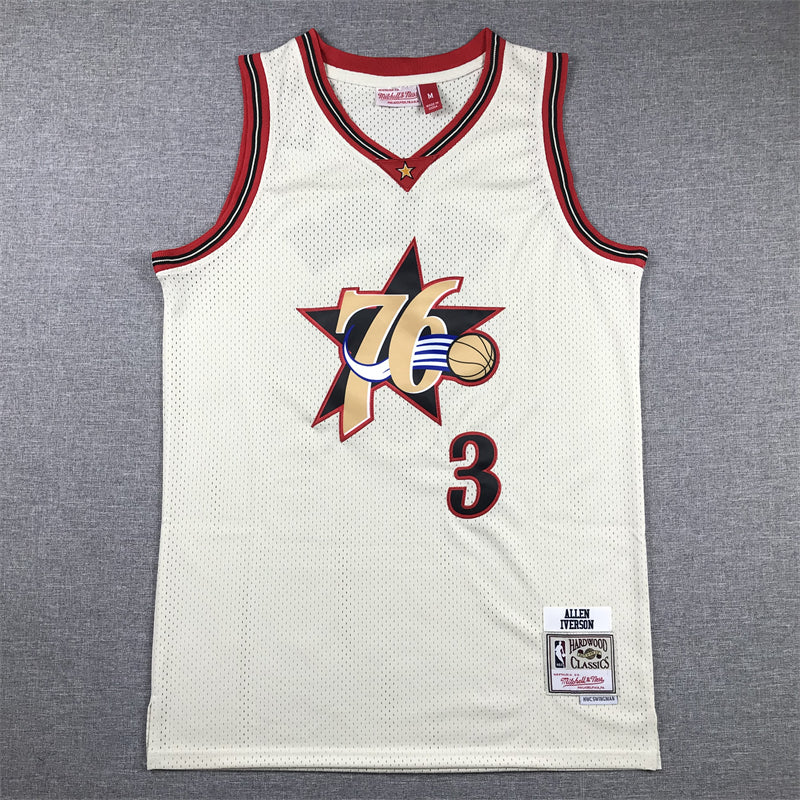 Men's Philadelphia 76ers Allen Iverson #3 Cream Chainstitch Swingman Jersey1