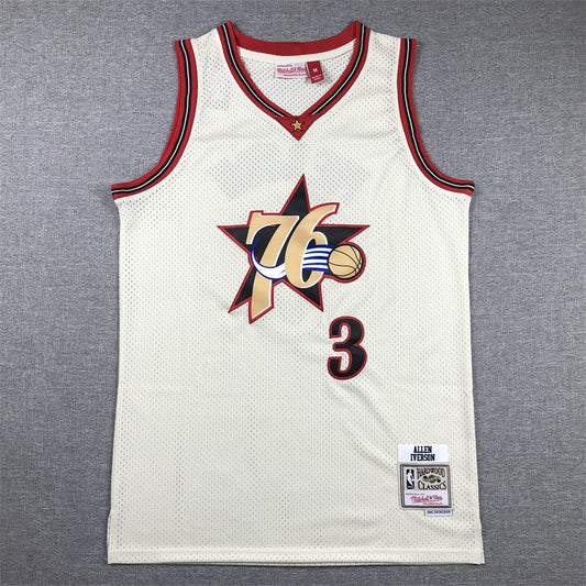 Men's Philadelphia 76ers Allen Iverson #3 Cream Chainstitch Swingman Jersey1