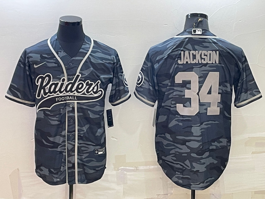 Men's Las Vegas Raiders Bo Jackson #34 Grey Camouflage Game Jersey1 Joint Edition