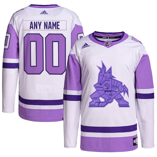 Men's Arizona Coyotes White/Purple Hockey Fights Cancer Primegreen Authentic Custom Jersey1