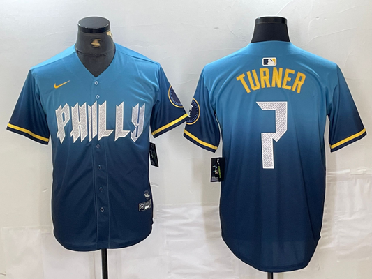 Men's Philadelphia Phillies Trea Turner #7 Blue 2024 City Connect Limited Player Jersey1