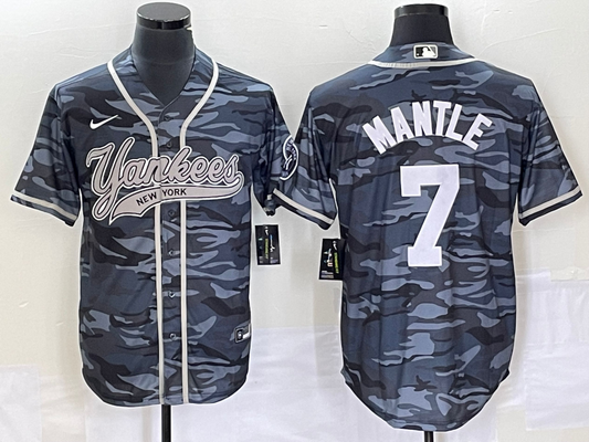Men's New York Yankees Mickey Mantle #7 Grey Camouflage Player Jersey1 Joint Edition