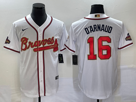 Men's Atlanta Braves Travis d'Arnaud #16 White Replica Player Jersey1