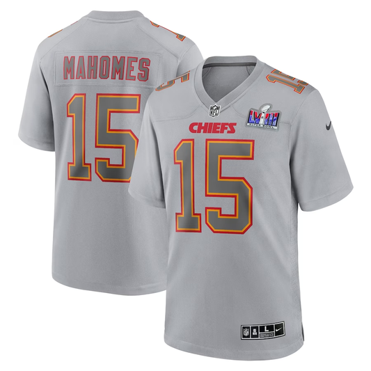 Men's Kansas City Chiefs Patrick Mahomes #15 Gray Super Bowl LVIII Atmosphere Fashion Game Jersey1