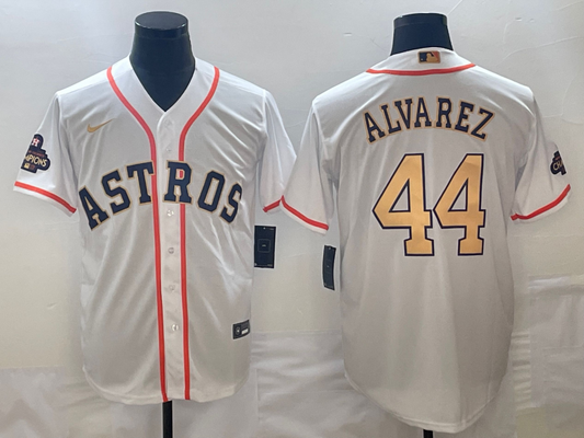 Men's Houston Astros Yordan Alvarez Nike White/Gold 2023 Gold Collection Replica Player Jersey1