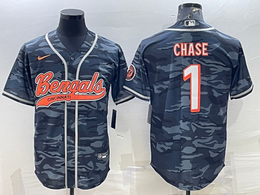 Men's Cincinnati Bengals Ja'Marr Chase #1 Grey Camouflage Fashion Game Jersey1