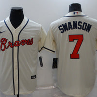 Men's Atlanta Braves Dansby Swanson #7 Beige Replica Player Jersey1