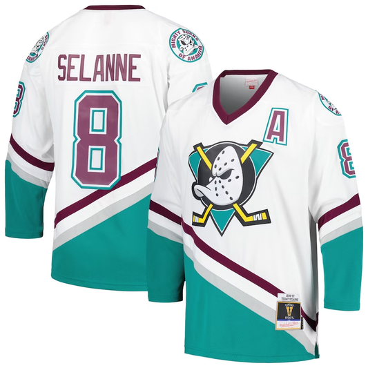 Men's Anaheim Ducks Teemu Selanne Mitchell #8 Ness White 1996/97 Blue Line Player Jersey1