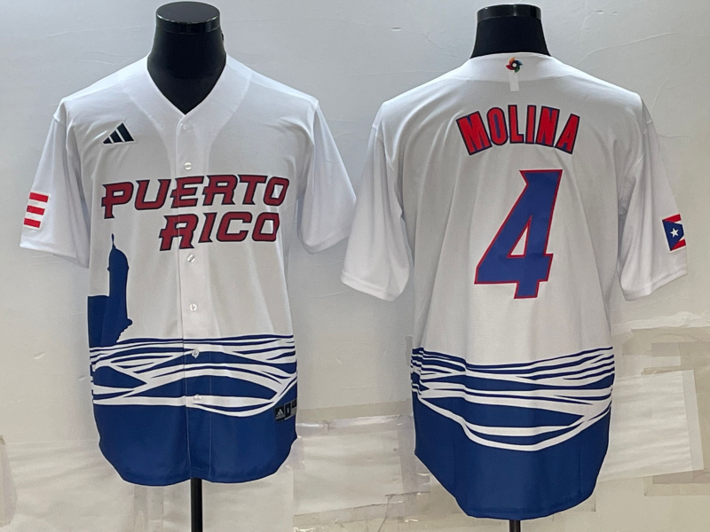 Men's 2023 World Baseball Classic #4 Yadier Molina Puerto Rico White Jersey1