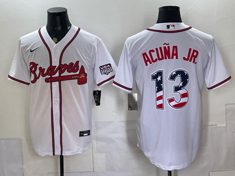 Men's Atlanta Braves Ronald Acuna Jr. #13 White USA 250 Fourth of July Home Stadium Jersey