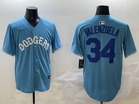Men's Los Angeles Dodgers Fernando Valenzuela #34 Light Blue Replica Player Jersey1