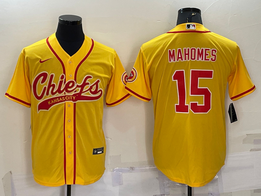 Men's Kansas City Chiefs Patrick Mahomes #15 Gold Game Jersey1 Joint Edition