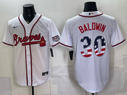 Men's Atlanta Braves Drake Baldwin #30 White USA 250 Fourth of July Home Stadium Jersey
