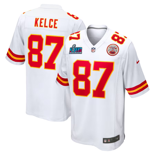 Men's Kansas City Chiefs Travis Kelce #87 White Super Bowl LVII Patch Away Game Jersey1