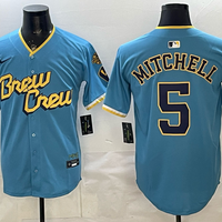 Men's Milwaukee Brewers Garrett Mitchell #5 Powder Blue City Connect Replica Player Jersey