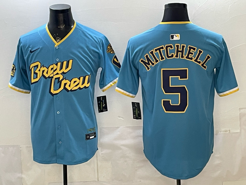 Men's Milwaukee Brewers Garrett Mitchell #5 Powder Blue City Connect Replica Player Jersey