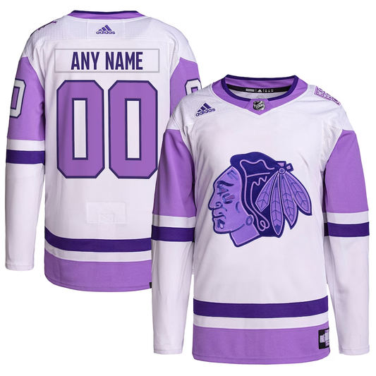 Men's Chicago Blackhawks White/Purple Hockey Fights Cancer Primegreen Authentic Custom Jersey1