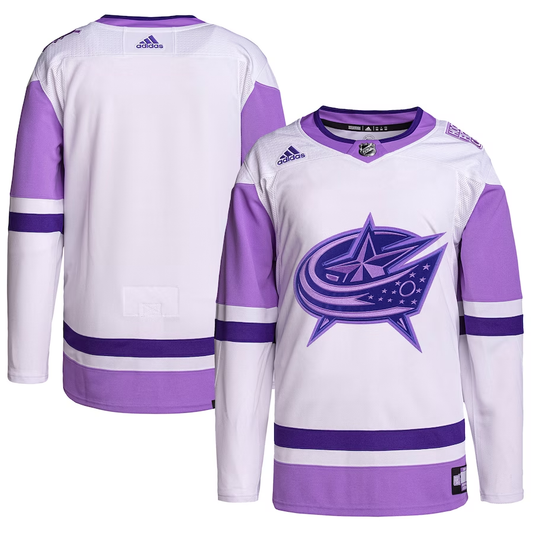 Men's Columbus Blue Jackets White/Purple Hockey Fights Cancer Primegreen Authentic Blank Practice Jersey1