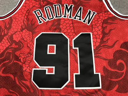 Men's Chicago Bulls Dennis Rodman #91 Red Year of Dragon Edition Swingman Jersey1