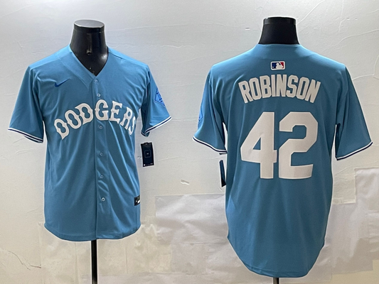 Men's Los Angeles Dodgers Jackie Robinson #42 Light Blue Limited Player Jersey1