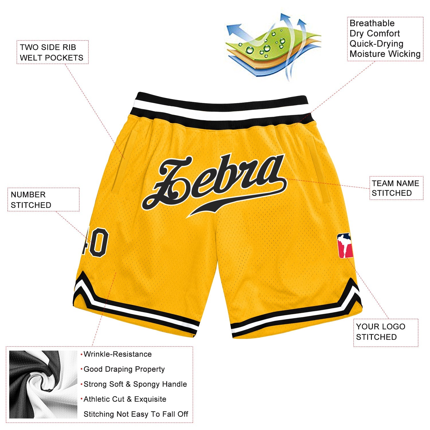 Custom Gold Black White Basketball Shorts - 2