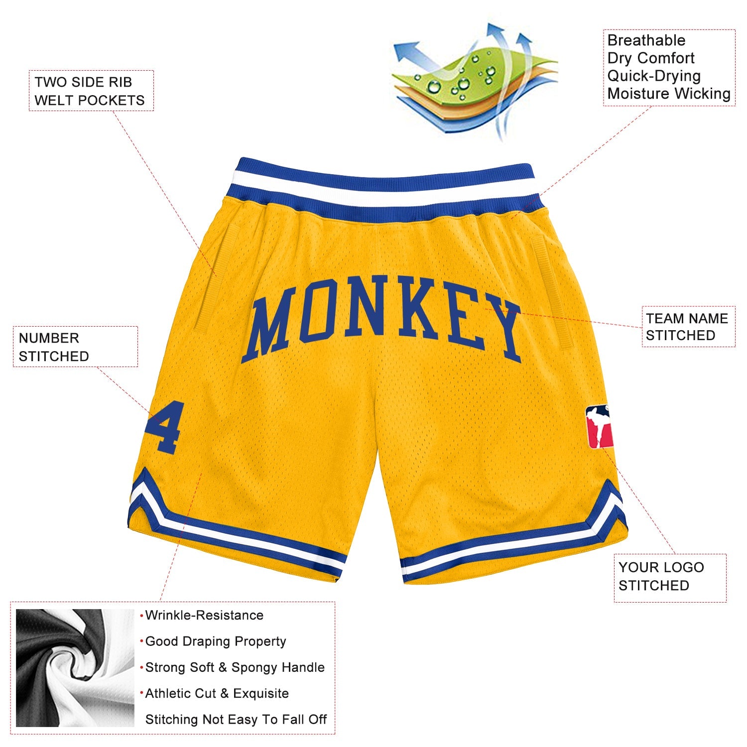 Custom Gold Royal White Basketball Shorts - 2