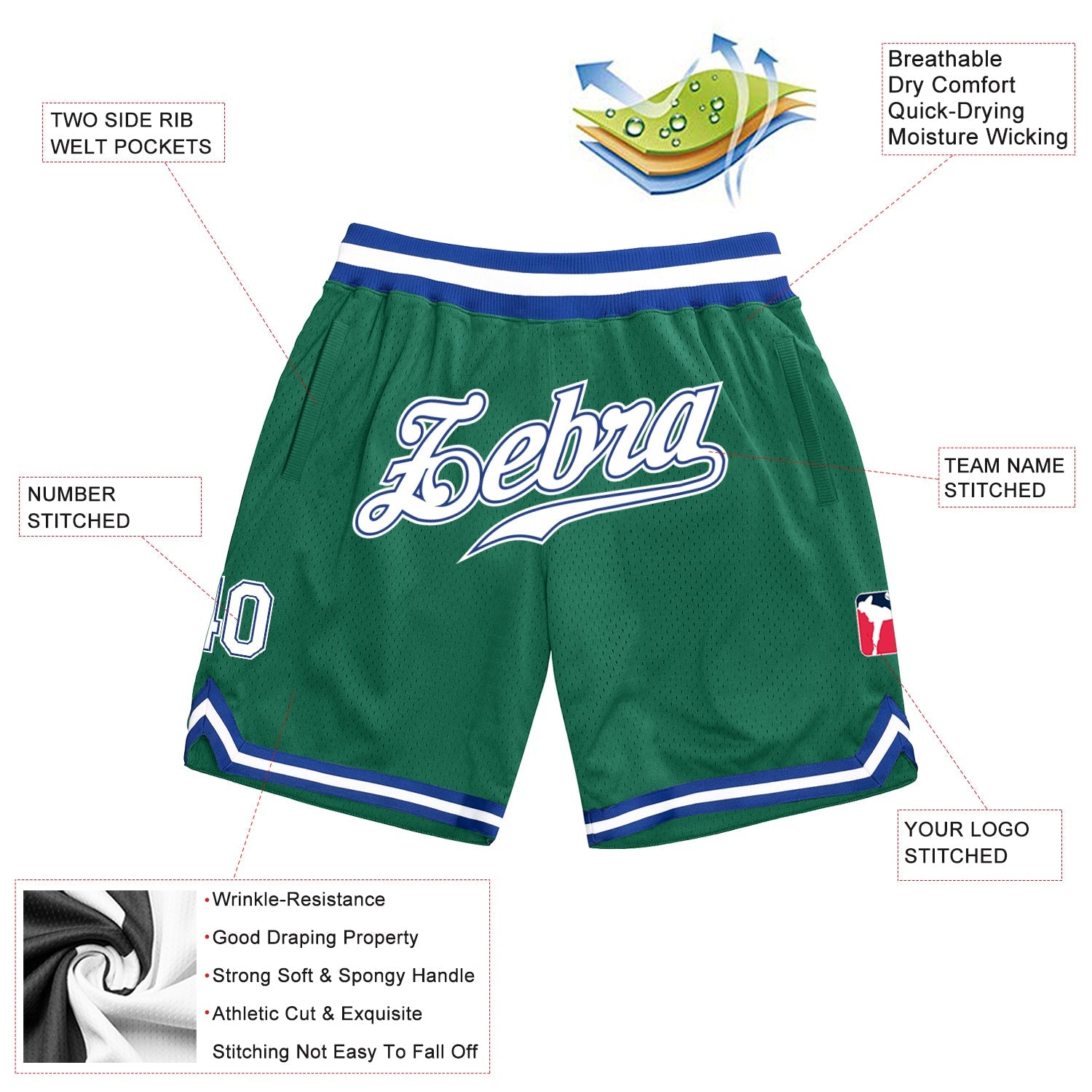 Custom Kelly Green White Royal Basketball Shorts - 2