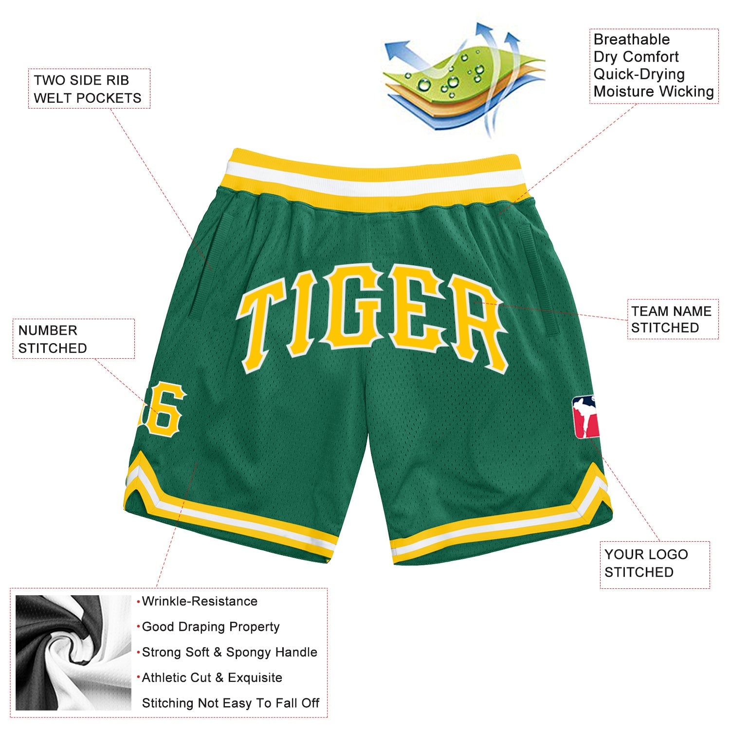 Custom Kelly Green Gold White Basketball Shorts - 2