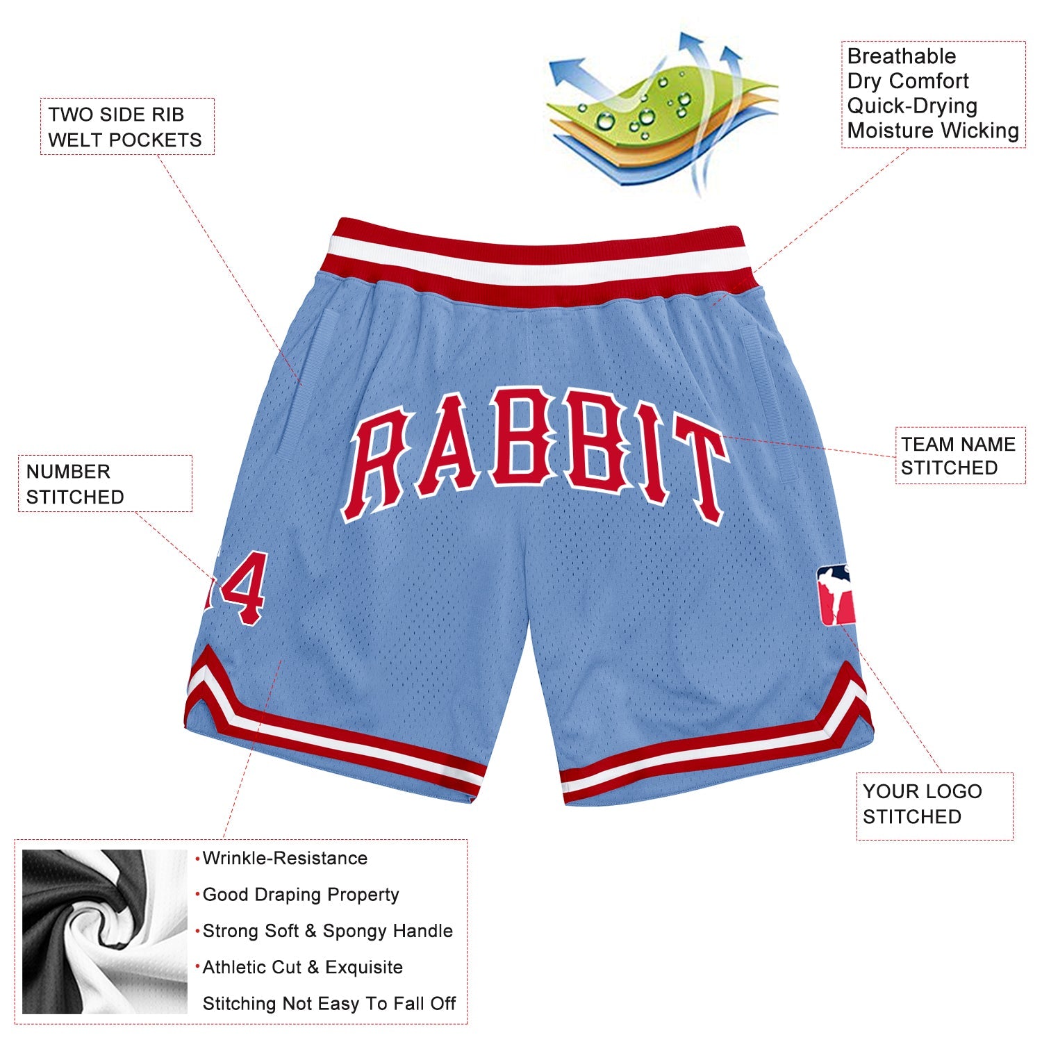 Custom Light Blue Red White Basketball Shorts - 2